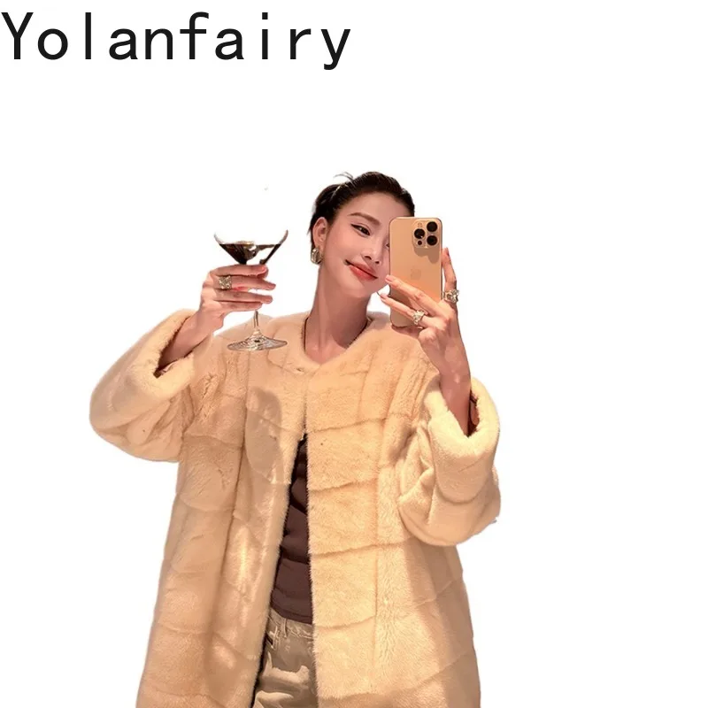 YOLANFAIRY Whole Mink Natural Real Velvet Mink Coat Fur Jacket Mid-length Style Full Pelt Mink 2026 Woman Elegant Winter Coat