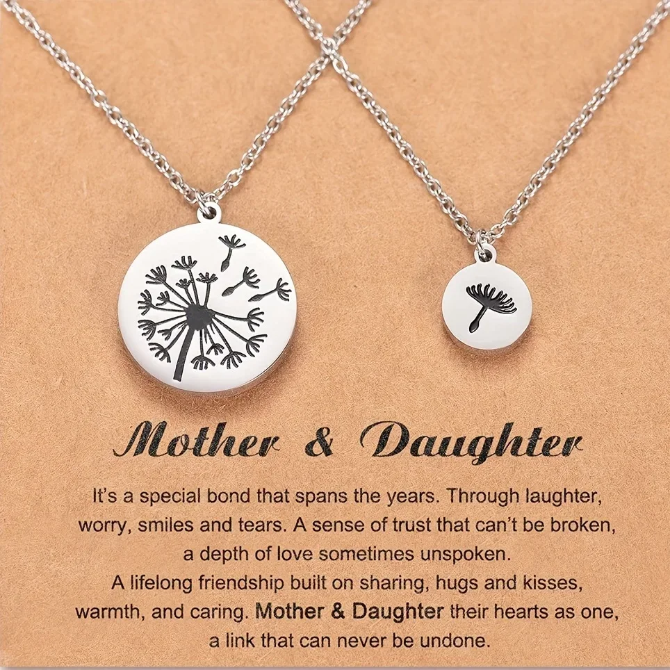 Fashion 2pcs Mother & Daughter Matching Dandelions Engraved Round Pendant Necklace,Mother's Day Birthday Christmas Gift For Mom,