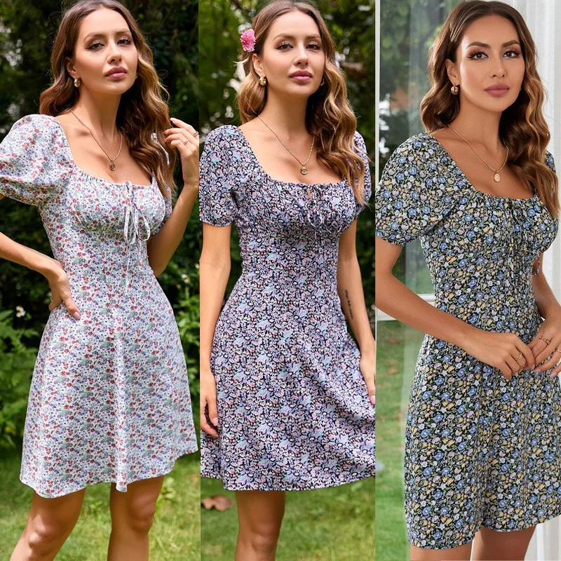 

Spring Summer New Square Collar Floral Ruffles Mini Dress Women Casual Short skirt Drawstring Lace up Print A Line Dress