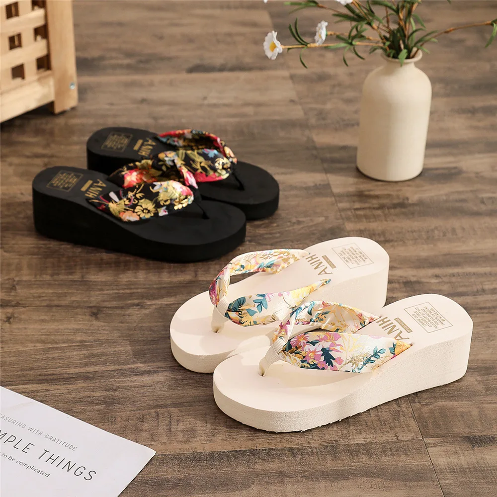 Wedged Platform Sandals Women Flip Flops Open Toe High Heels Printed Slippers Summer Bohemia Outdoor Wedges Slides Home Shoes