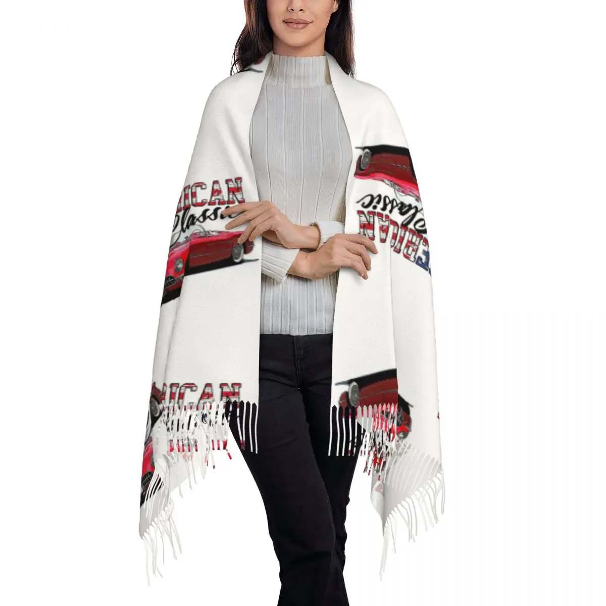 Classic Corvette Car Scarf Tassel Scarves for Women Soft Warm Shawls and Wraps Large Fall Winter Shawl Wrap