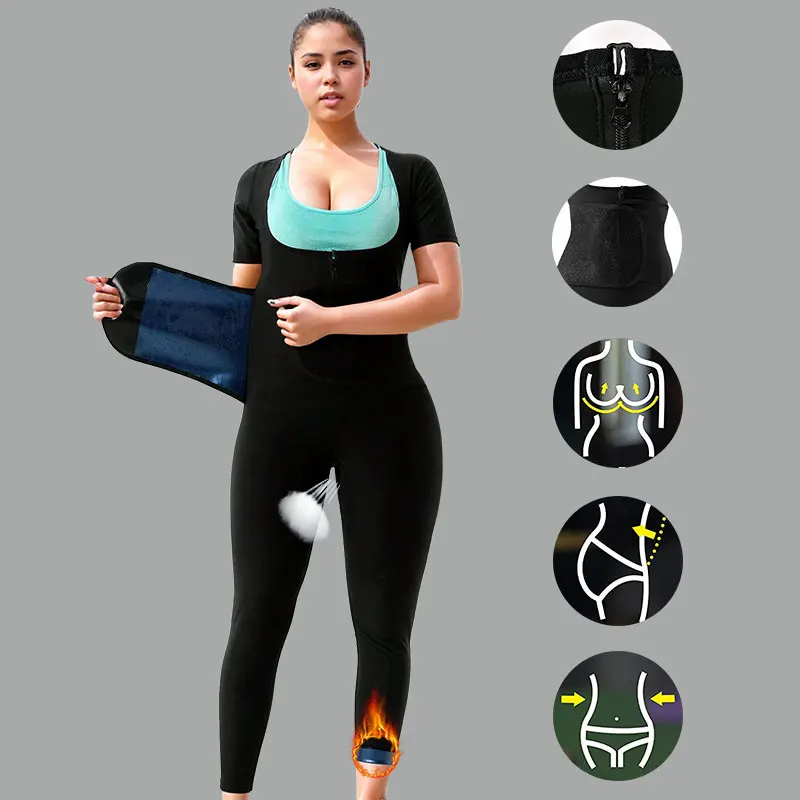 

Women's Full Body 4-In-1 Sauna Sweat Suits Short Sleeve Pants Slimming Jumpsuits Weight Loss Slimming Shaper Waist Trainer