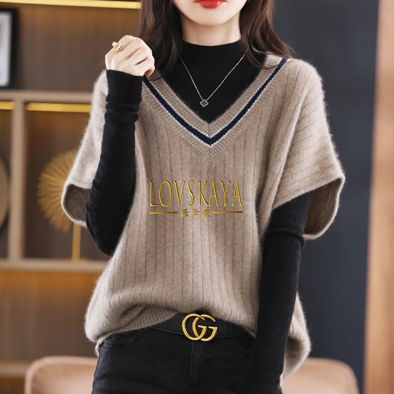 

New Autumn Winter Bat Sleeves Colored Loose Shoulder Sweetheart Wool Knitted Vest for Women