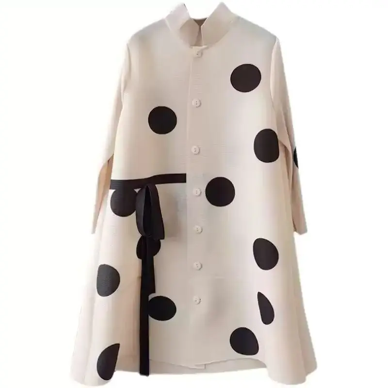 

Miyake Women's Pleated Button Jacket Dress Loose Fit Sexy Dot Print Casual Lace-Up Spring Summer Designer Clothing