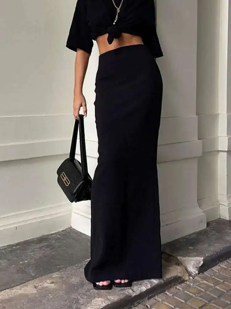 แฟชั่นสีดํายาวตรงกระโปรงผู้หญิงสูงเอว Slim Seamless Elegant สุภาพสตรีชุดลําลองฤดูร้อนหญิง Maxi กระโปรง