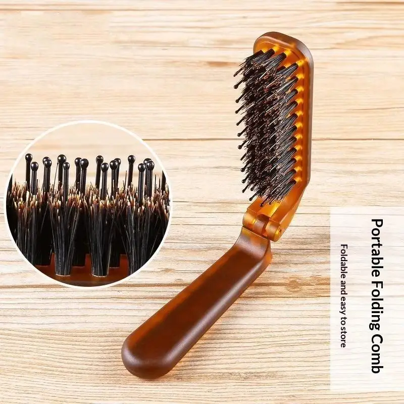 Pocket Size Foldable Boar Bristle Hair Comb Scalp Massage Detangling Brush for Holiday Travel