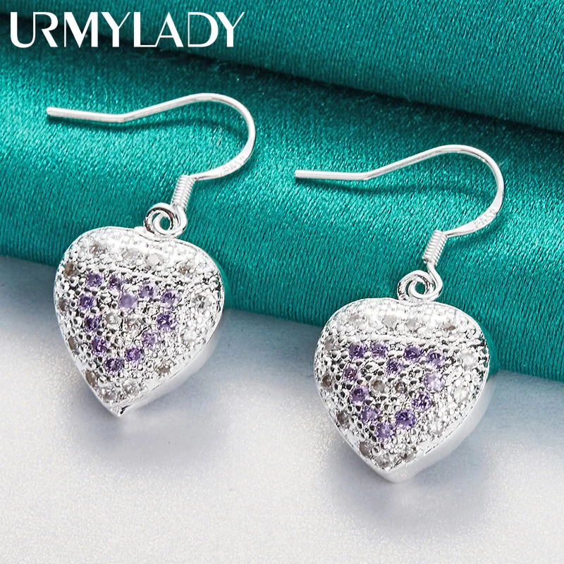 

URMYLADY 925 Sterling Silver Heart Zircon Earrings For Women Wedding Party Fashion Charm Jewelry