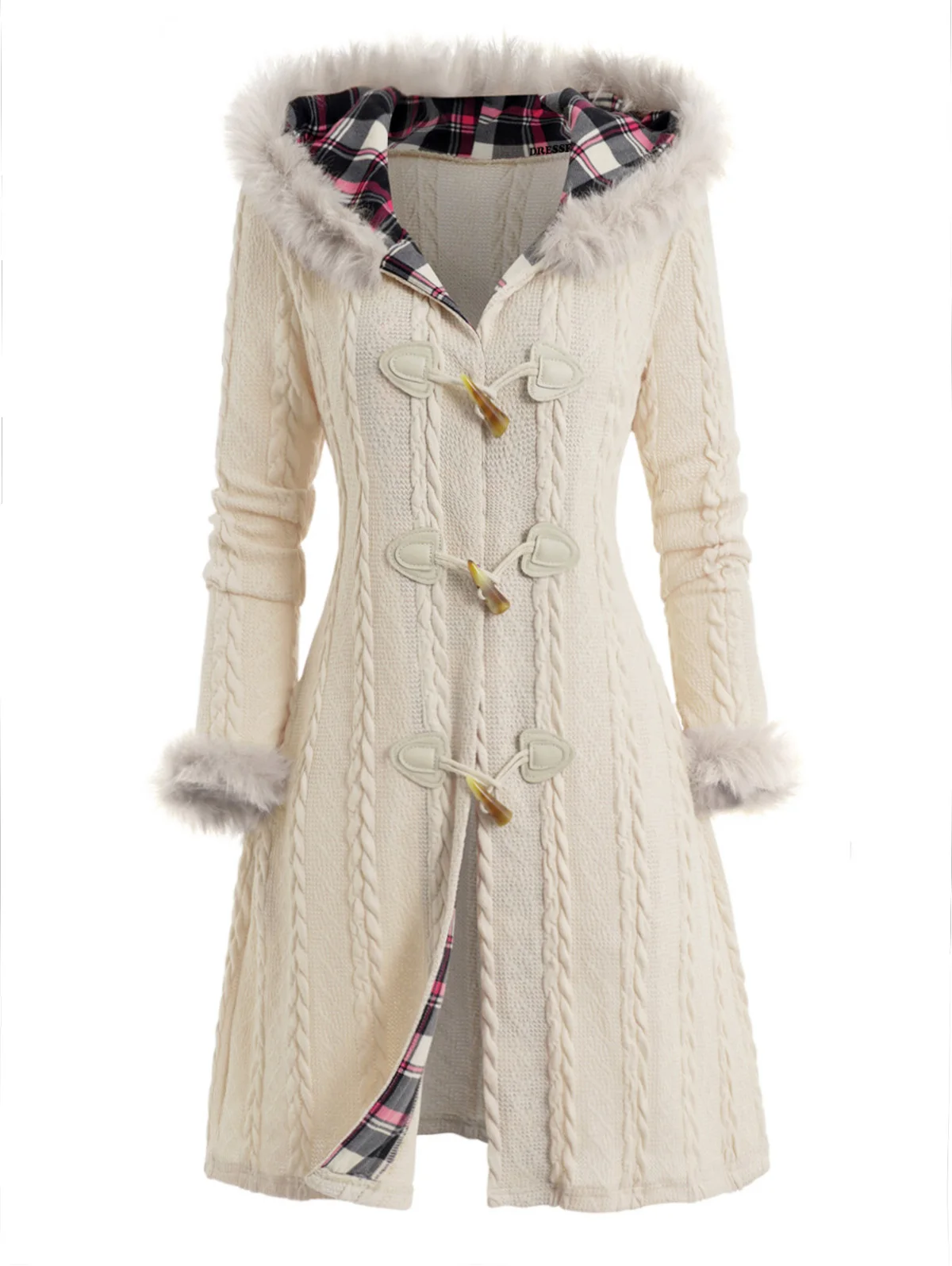 

Dressfo Women's Coat Casual Daily Cable Knit Plaid Faux Fur Panel Hooded Coat Horn Button Long Knitted Coat