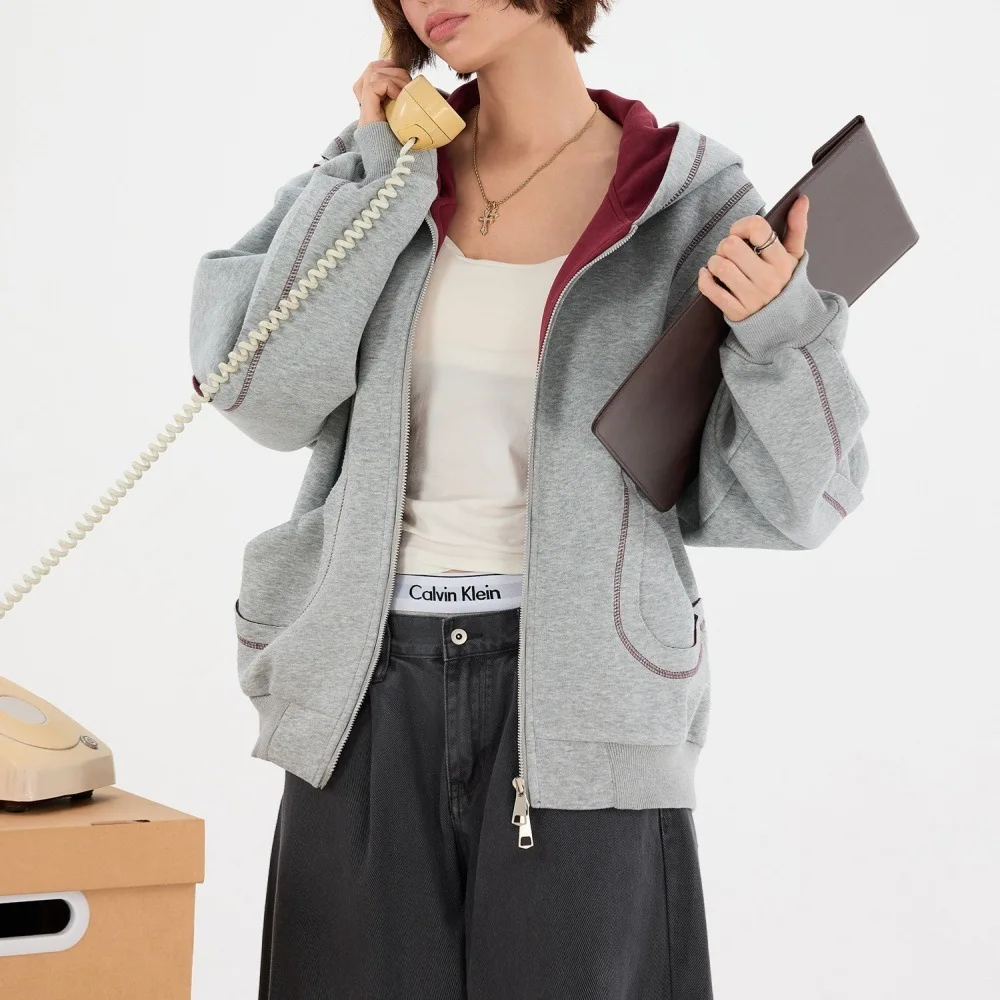 Couples Trendy Loose Hoodie Oversized Patchwork Design Retro Zip Jacket for Men & Women Casual Slimming Outerwear