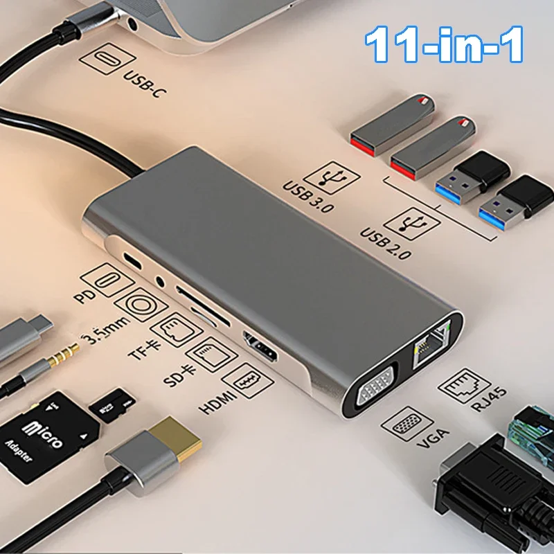 

4K 30Hz USB C Docking Station Type C to HDMI-compatible-compatible VGA RJ45 Adapter USB 3.0 HUB Splitter For Laptop Macbook Air