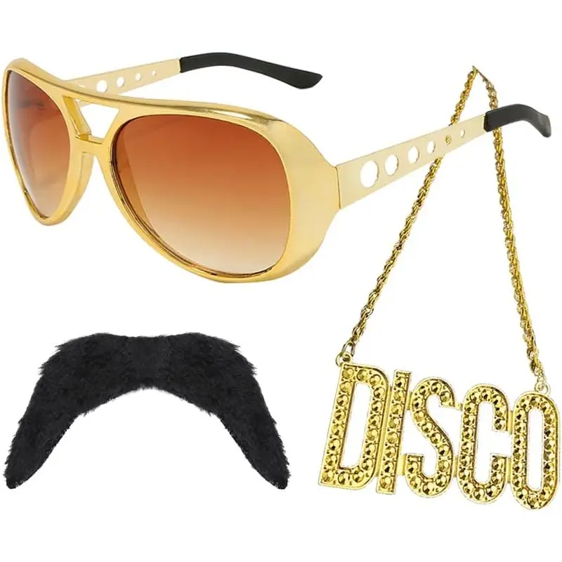 RichMoho Men Hippie Costume Set Disco Costume Accessories Women Disco Necklace Sunglasses Mustache