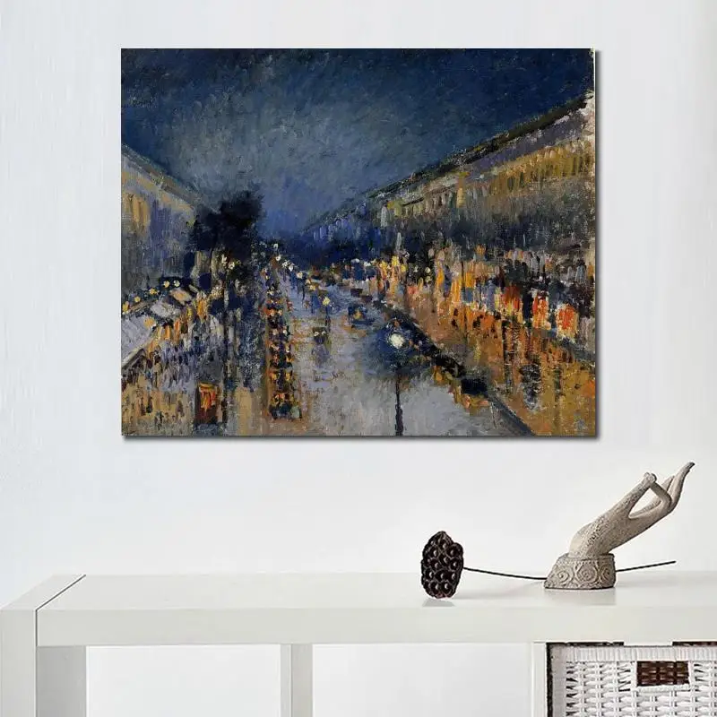 

Abstract Street Canvas Wall Art Hand Painted Camille Pissarro Oil Painting Boulevard Montmartre at Night Famous Artwork Decor