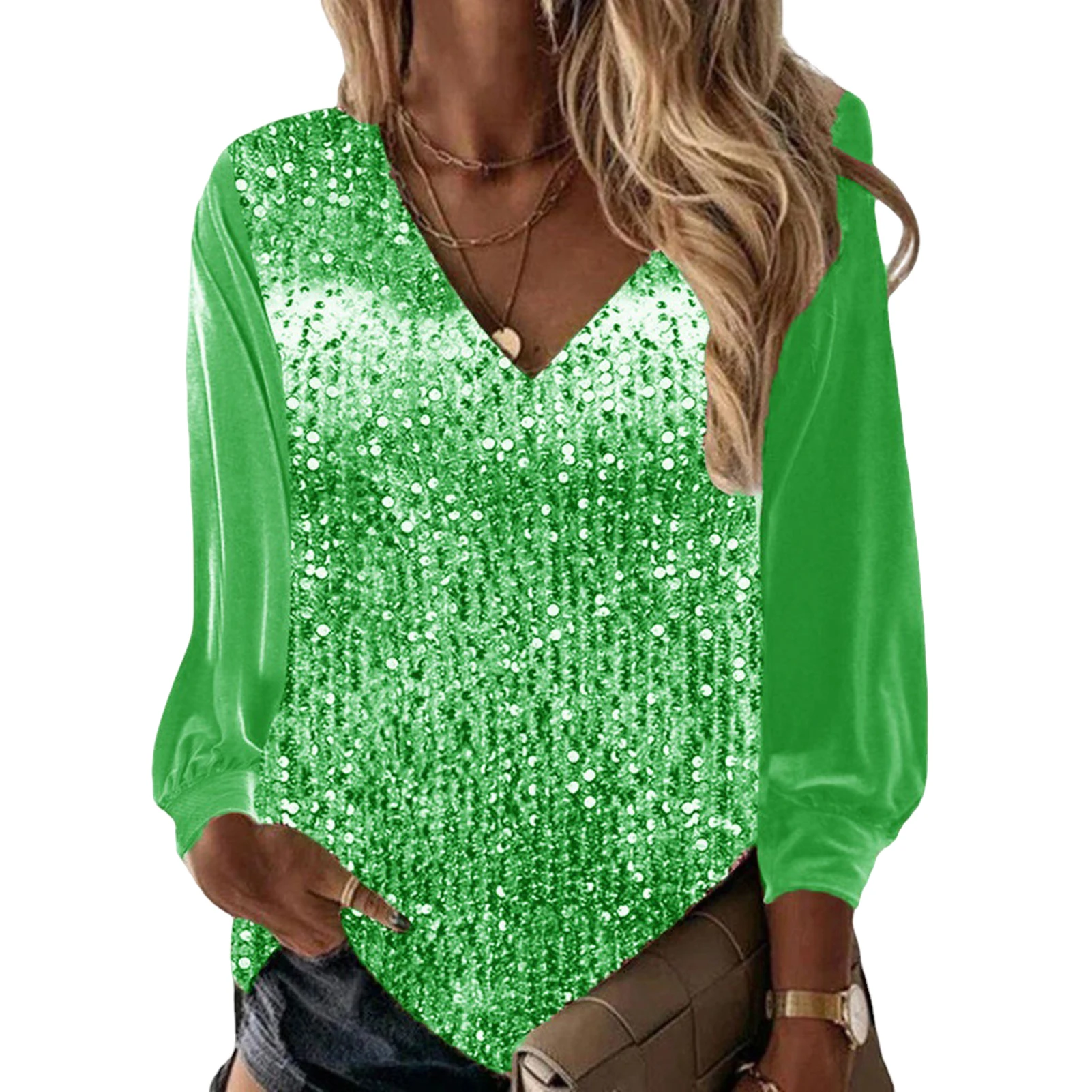 2023 Summer Women\'s T-Shirt Polyester Fashion Top V-Neck Long Sleeve Shining Sequins Decoration High Quality Blouse