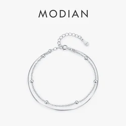 MODIAN Double Layer Snake Chain Bracelet 925 Sterling Silver Simple Beads Link Chain Bracelet For Women Daily OL Fine Jewelry