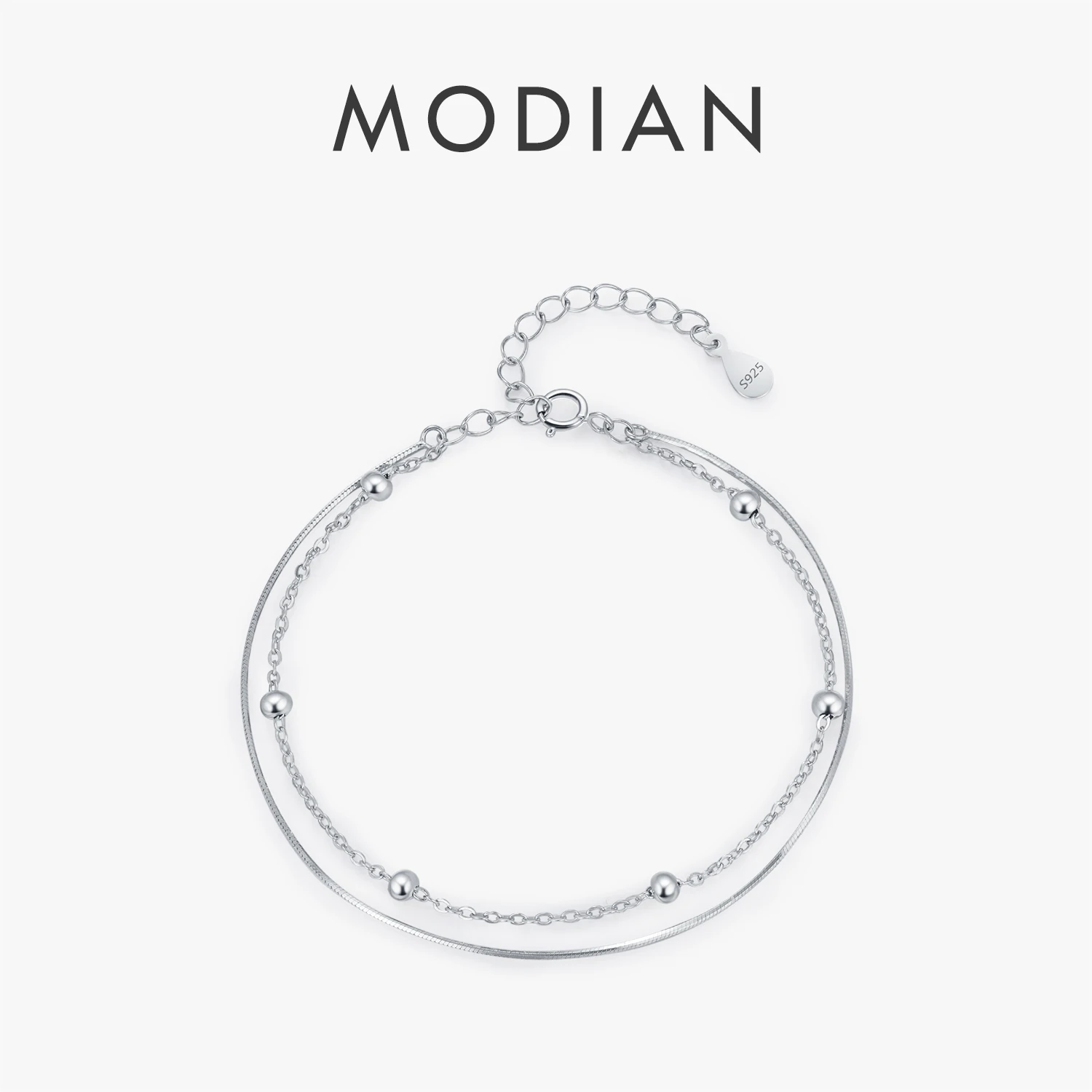 MODIAN Dwuwarstwowa bransoletka z łańcuszkiem wężowym 925 Sterling Silver Prosta bransoletka z łańcuszkiem z koralików dla kobiet Codzienna biżuteria OL Fine Jewelry