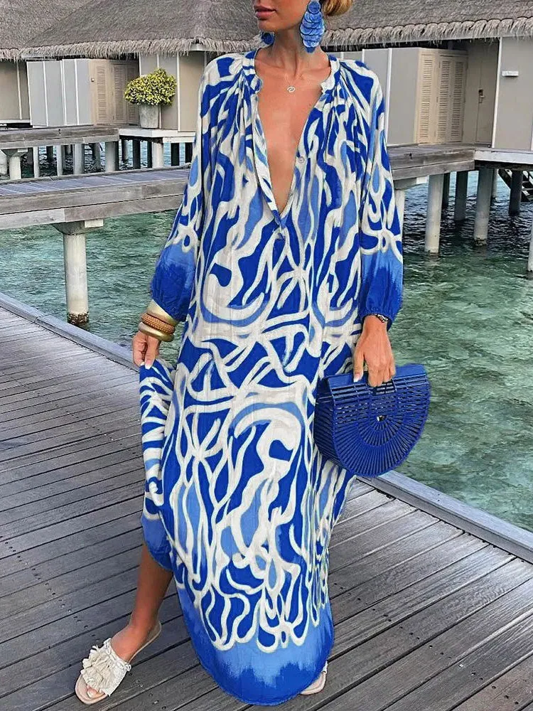 Vrouwen Vintage Maxi Jurken 2023 Zomer Sexy Diepe V-Hals Lange Mouw Boho Print Jurken Dames Strand Cover Up Elegant Gewaad