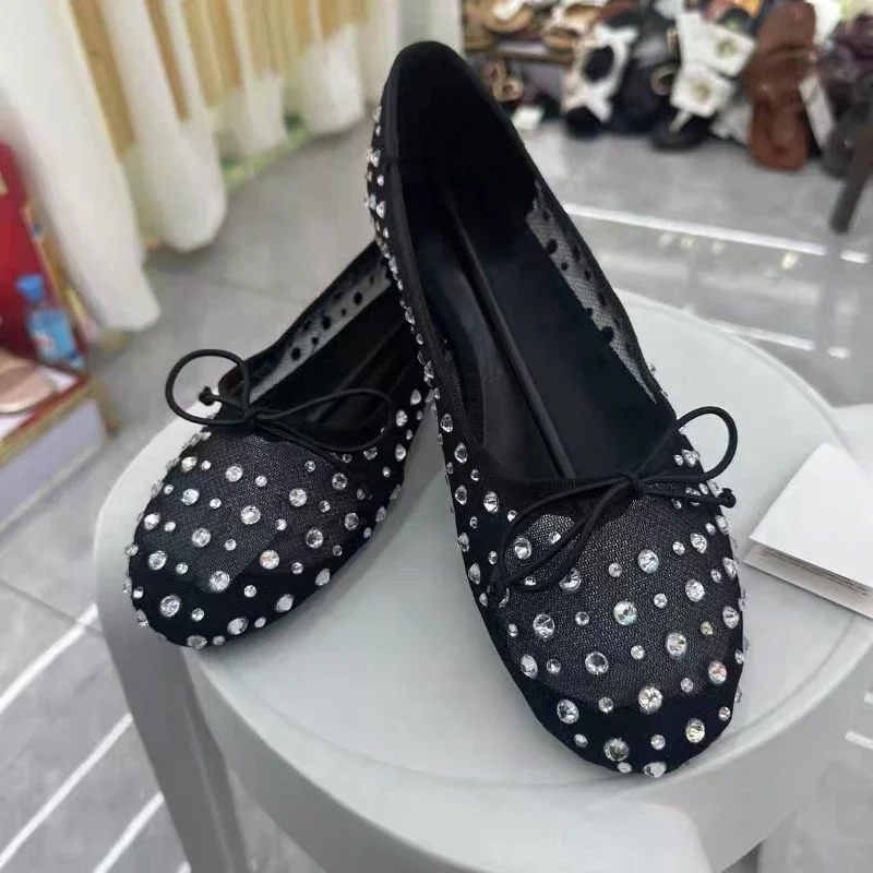 

Women Sparkly Rhinestone Mesh Mary Jane Shoes Breathable Round Toe Shallow Bow Dress Shoes Comfy Beach Brand Ballet Flats Female