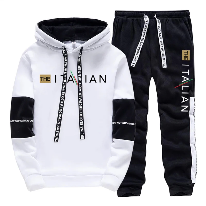 Mens Tracksuit Printing Casual Hooded Sweatshirts 2 Piece Set Black White Jogging Clothing Fashion Streetwear Versatile Hoodies