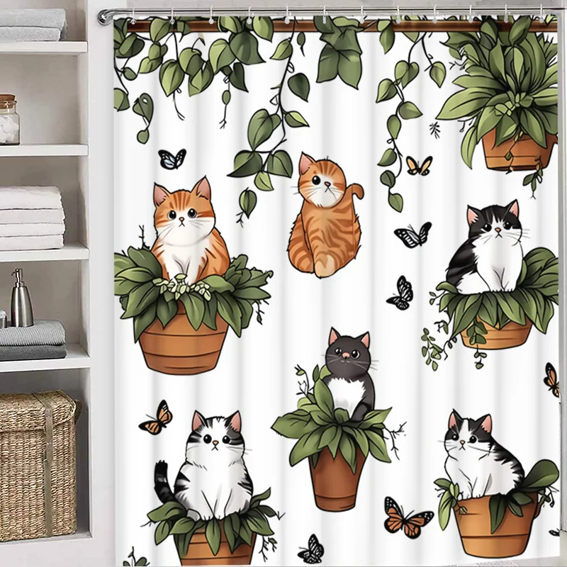 cute cats in plant pots shower curtain with green leaves and butterflies for cozy  Free Hooks Included Elevate Your Space