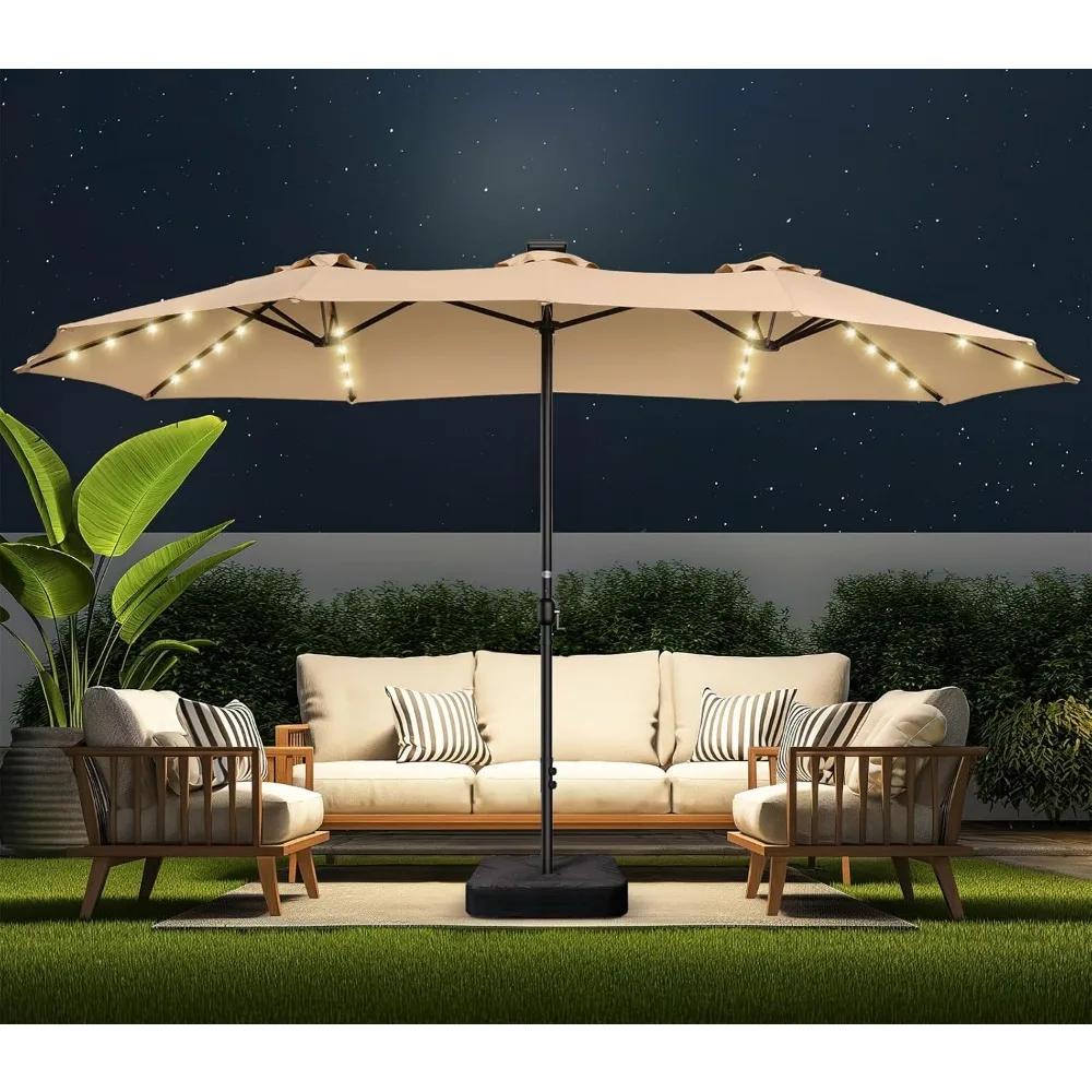 

Double Sided Patio Umbrellas - 15ft Solar Lights LED Lighted Outdoor Extra Large Market Table Umbrella with Base Included, Over