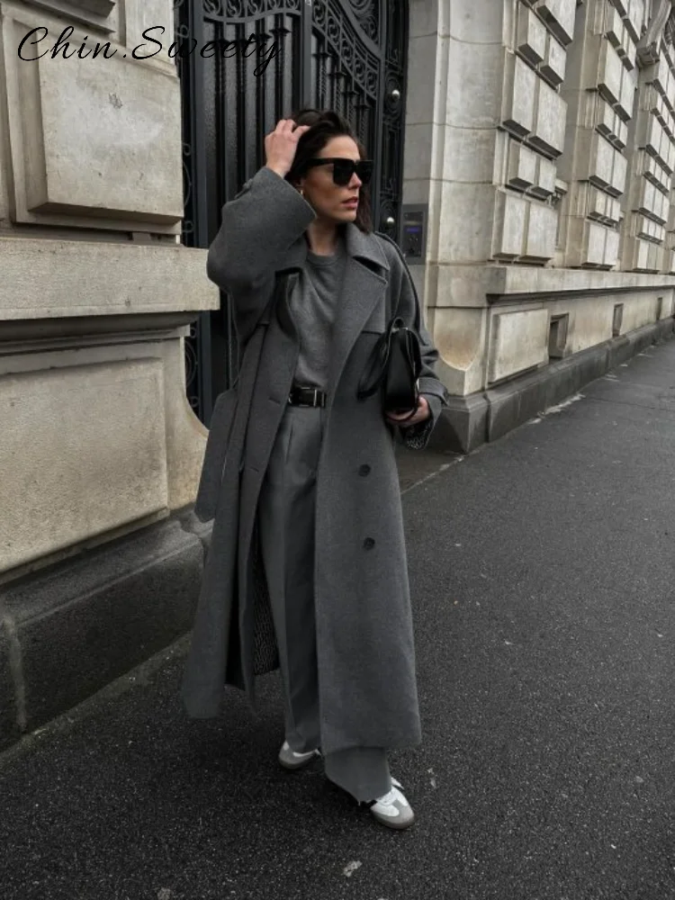 

Street Single Breasted Overcoats Women Solid Loose Lapel Full Sleeve Long Coats 2025 Autumn Winter Lady All-match Trench Coats