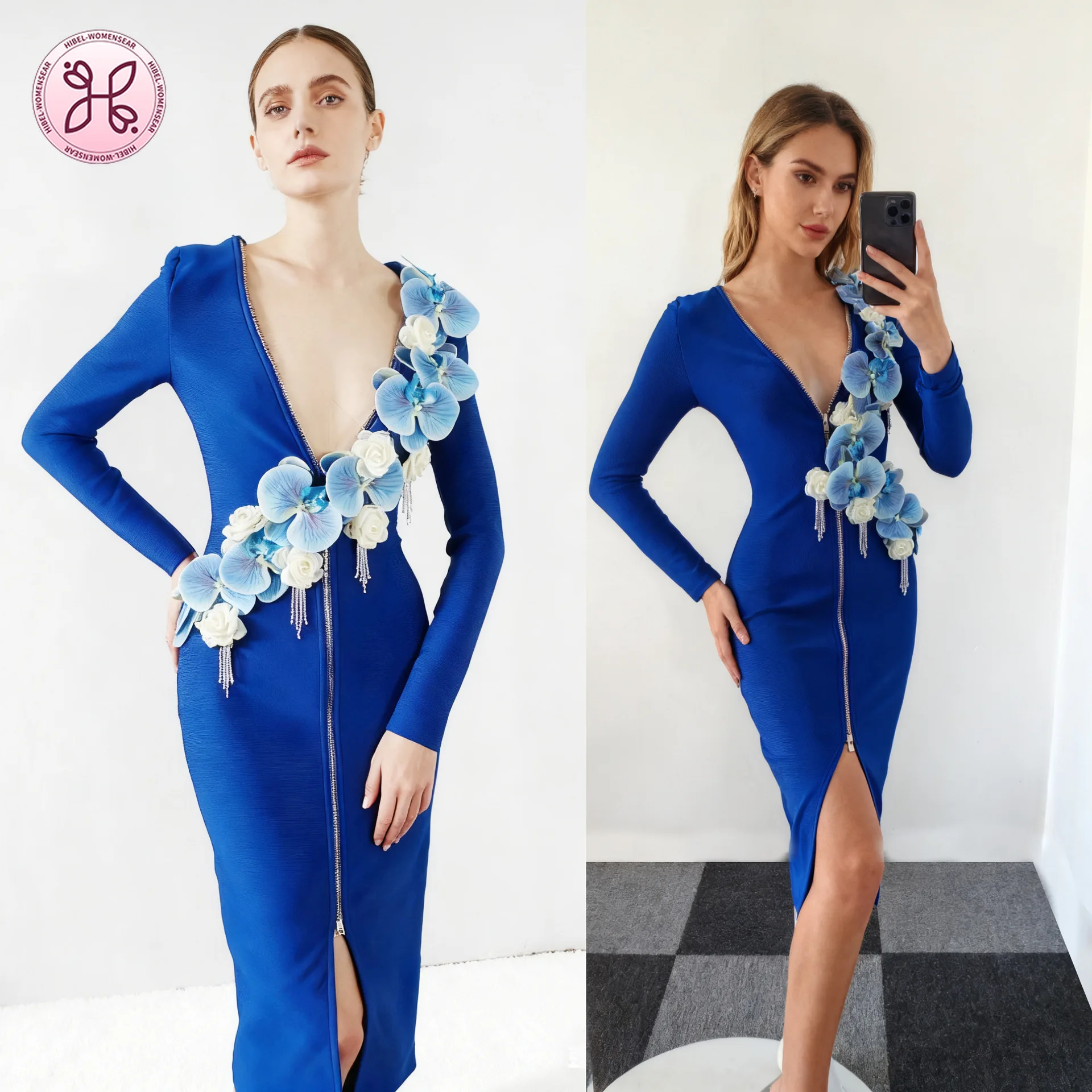 Blauwe kleur dames lange mouw sexy ritssluiting bloemen bodycon midi bandage jurk avondfeest vieren cocktail outfit