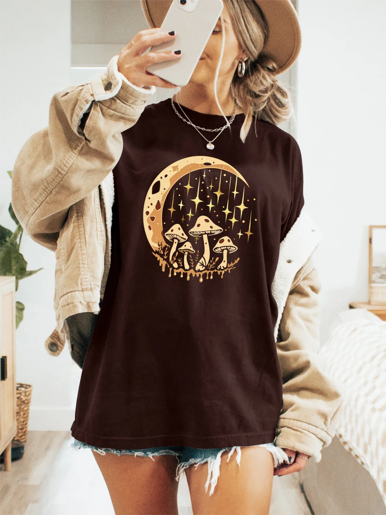 Moonlit Mushrooms with Fantasy-Inspired Illustration Print T-shirt Short Sleeve Casual Top For Summer&Spring Women\'s Clothing