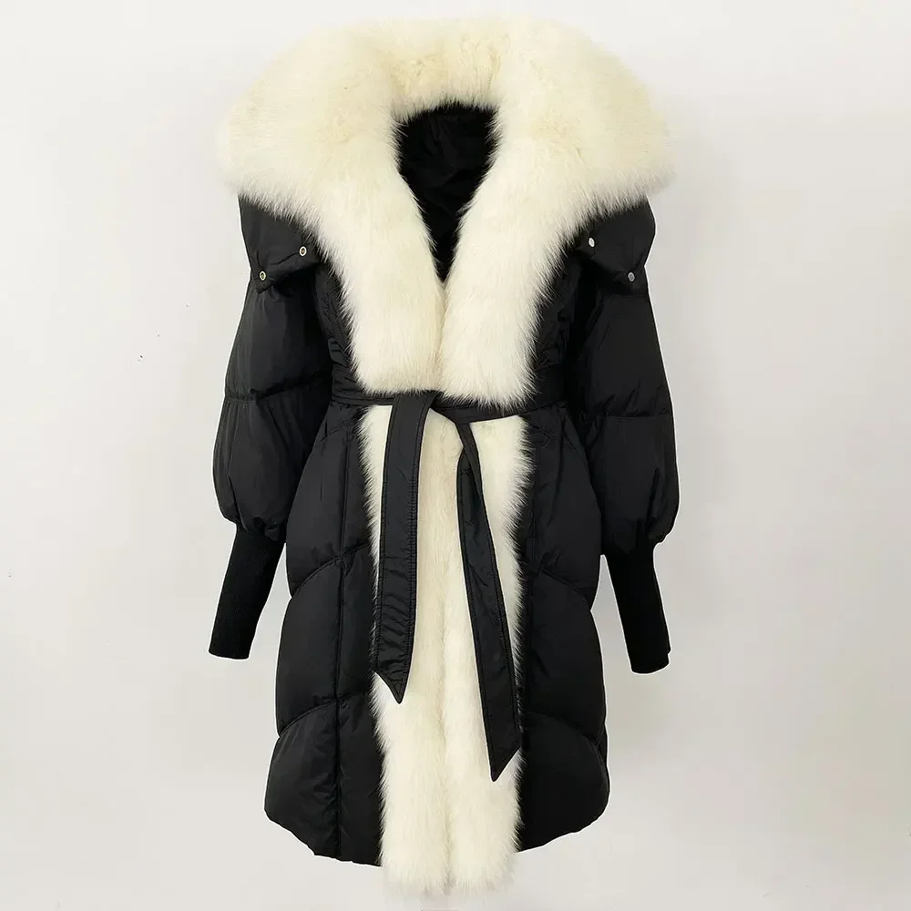 سترة منتفخة الشتاء الخريف النساء معطف فرو الثعلب الطبيعي الحقيقي المرأة طويلة الإناث سميكة الدافئة مقنعين الأبيض بطة أسفل معطف Overwear