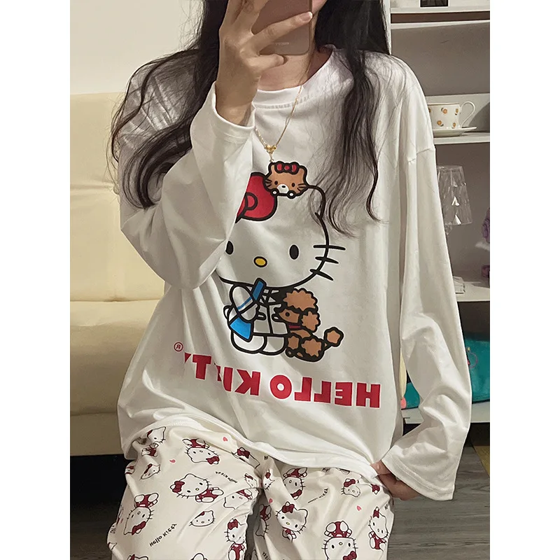 Hello Kitty-Pyjama à col rond pour femme, vêtements de maison, simple, décontracté, manches longues, pantalon long, ensemble 2 pièces, mignon, printemps et automne