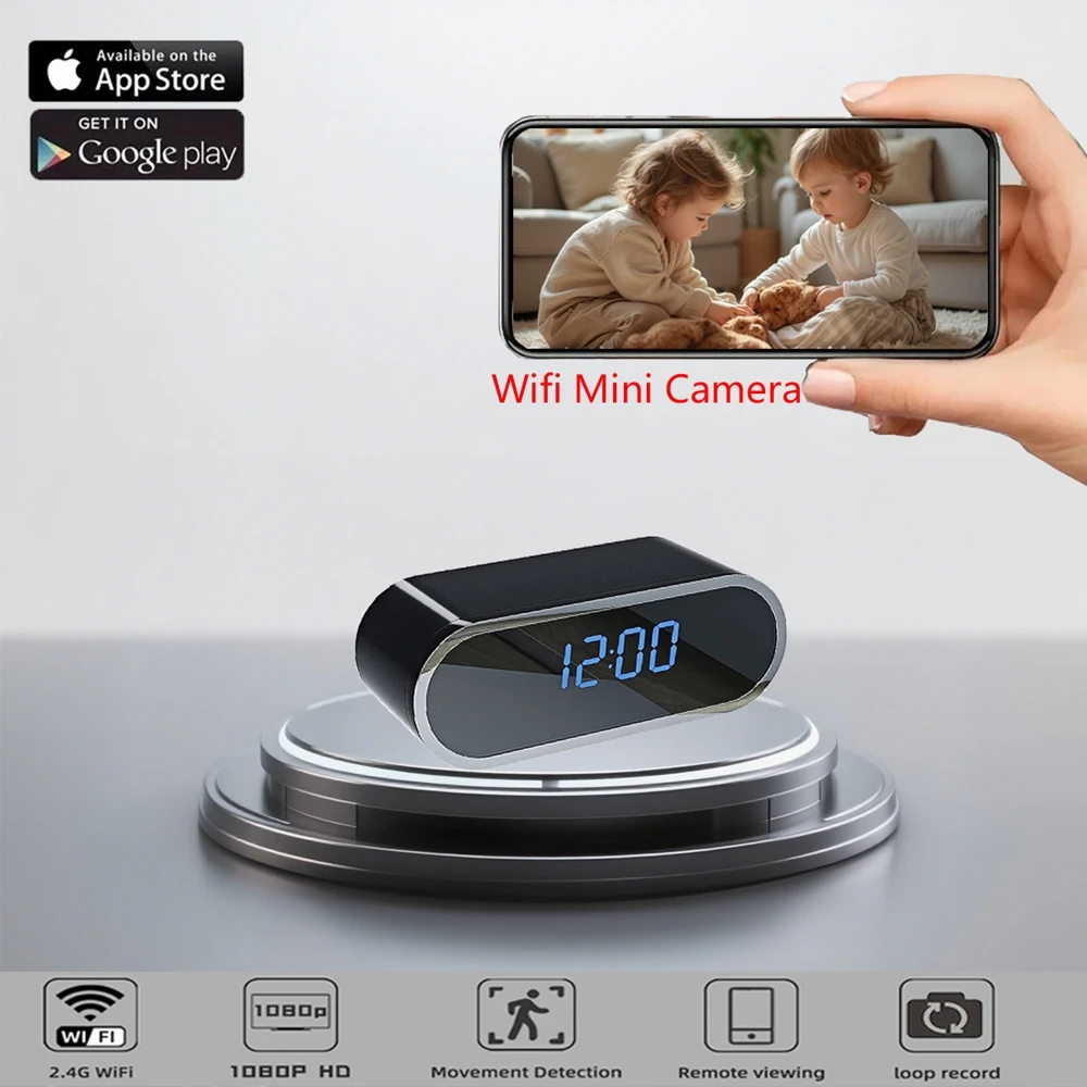 Full Mini WiFi Camera 4K Clock, Home Surveillance, Digital Lights Can Be Turned Off, Supports Remote Viewing, Motion Detection