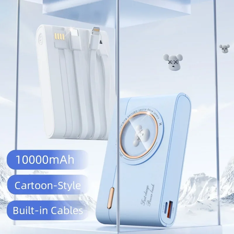 باور بانك لطيف على طراز الرسوم المتحركة بقدرة 10000 مللي أمبير في الساعة، كابلات مدمجة، شاحن محمول، بطارية خارجية لهاتف iPhone Huawei Android