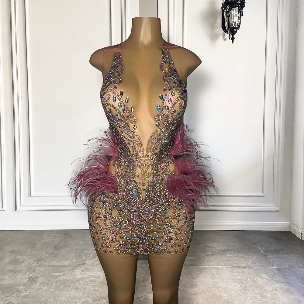 

Sparkly Luxury Diamond Women Cocktail Birthday Party Gowns Sexy See Through Feather Black Girls Short Prom Dresses 2023