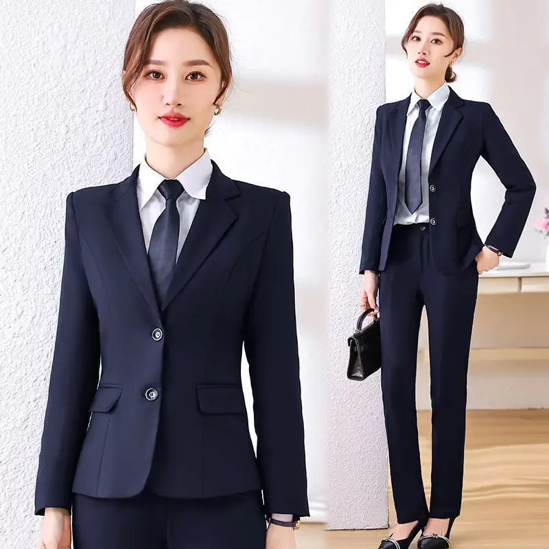 

Темно-синий профессиональный костюм для женщин, трёхкомпонентный рабочий комплект, формальный костюм для студенток, женский костюм на весну/лето