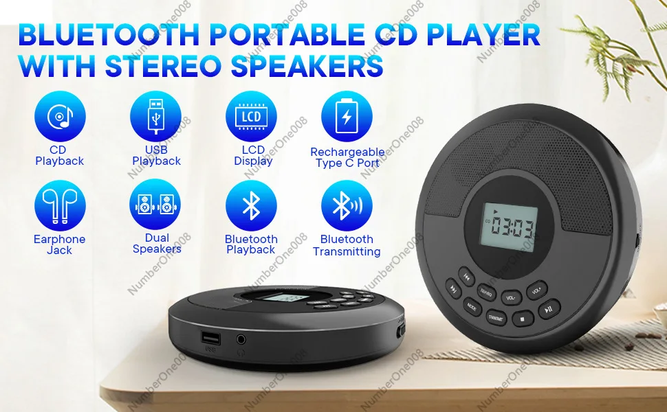 Portable CD Player with Bluetooth, Rechargeable Music Album Player & MP3, Anti-Skip Retro Walkman