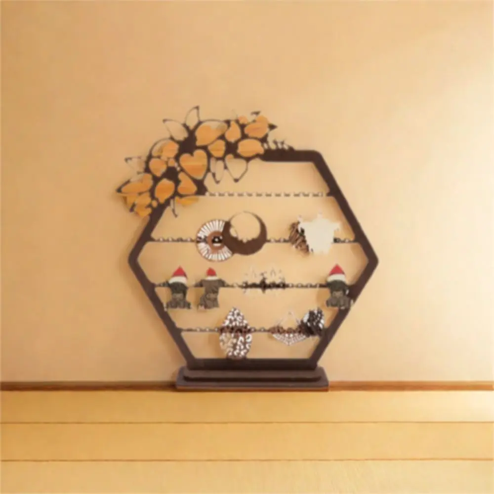 Vintage Wooden Earring Holder Anti-slip Hollowed Out Flower Jewelry Storage Holder Space Saving Tabletop Organizer Rack