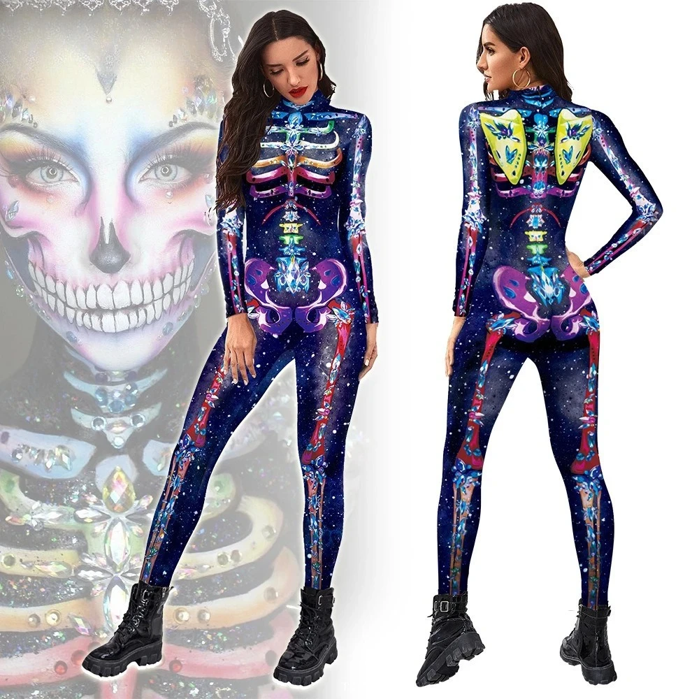 

Sequin Skeleton Cosplay Bodysuit - Glittery Dark Blue Full-Body Skeleton Print Costume, Sparkly Halloween Party Role-Play Outfit
