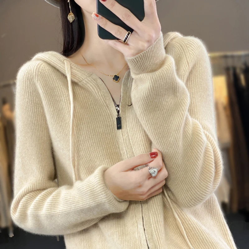 Long Sleeve Knitwear Women Merino cashmere Wool  Zippered Sweater  Pullover  Fashion Basic  Elastic And Warm Elegant Jumper Tops