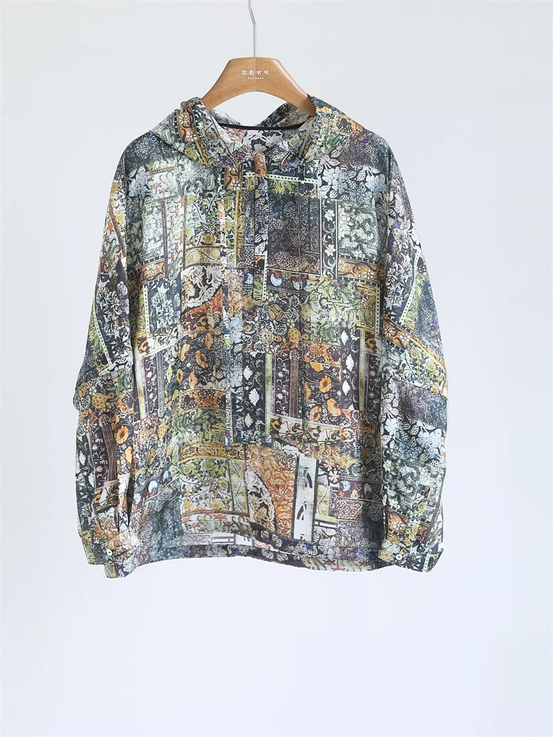 

Faionable Silk Printed Hoodie Women's Casual Vintage All-Match Spring Summer Sunade Cover up Y6022 Commute Sle