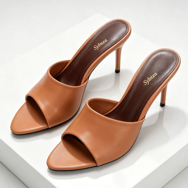 Luxury Designer Mules Sandals Women Pointed-Toe Soft Leather Sexy Stiletto Slides Summer Open-Toe High-Heel Slippers Sandalias