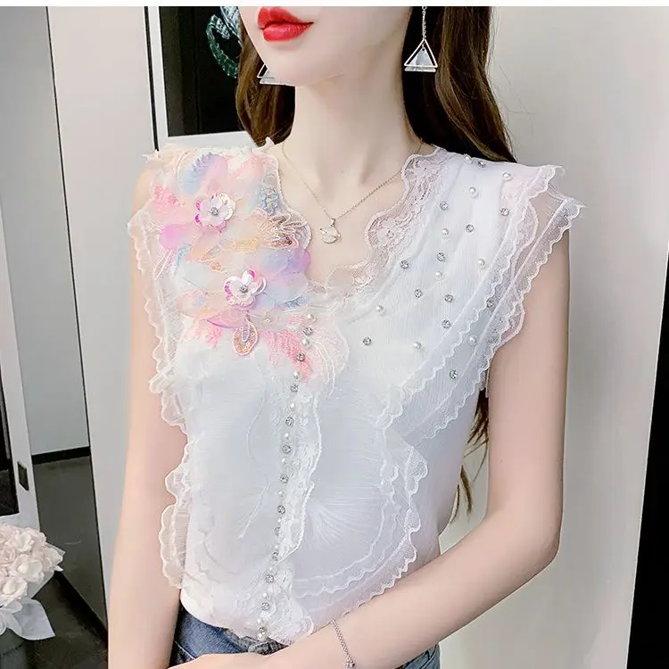 Sweet Floral Tank Camisole Women\'s Summer Outer Wear Summer Sleeveless Three-dimensional Flower Embroidery Top Q509