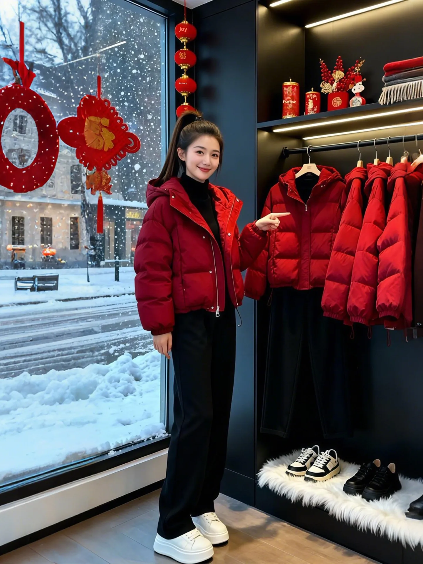 

Модный красный хлопковый комплект из куртки с капюшоном и узких широких брюк для женщин, зимняя коллекция, повседневный стиль, теплый и удобный.