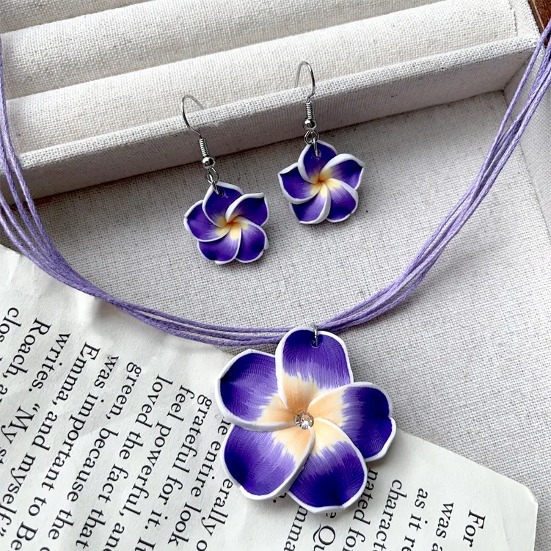 Hawaiian Plumeria Necklace Dangle Earrings Handmade Soft Polymer Statement Drop Ear Rings Jewelry 2024 Flower Earring for Women