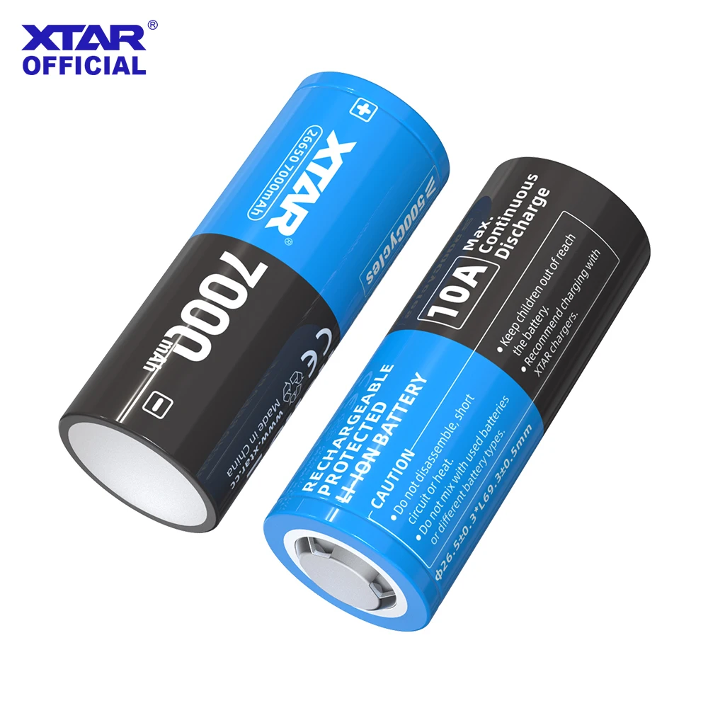 XTAR 2/4개 3.6V 26650 7000mAh 충전식 리튬 이온 배터리 10A 출력 500개 이상의 사이클(보호 플레이트 포함) -20 ℃ ~60 ℃