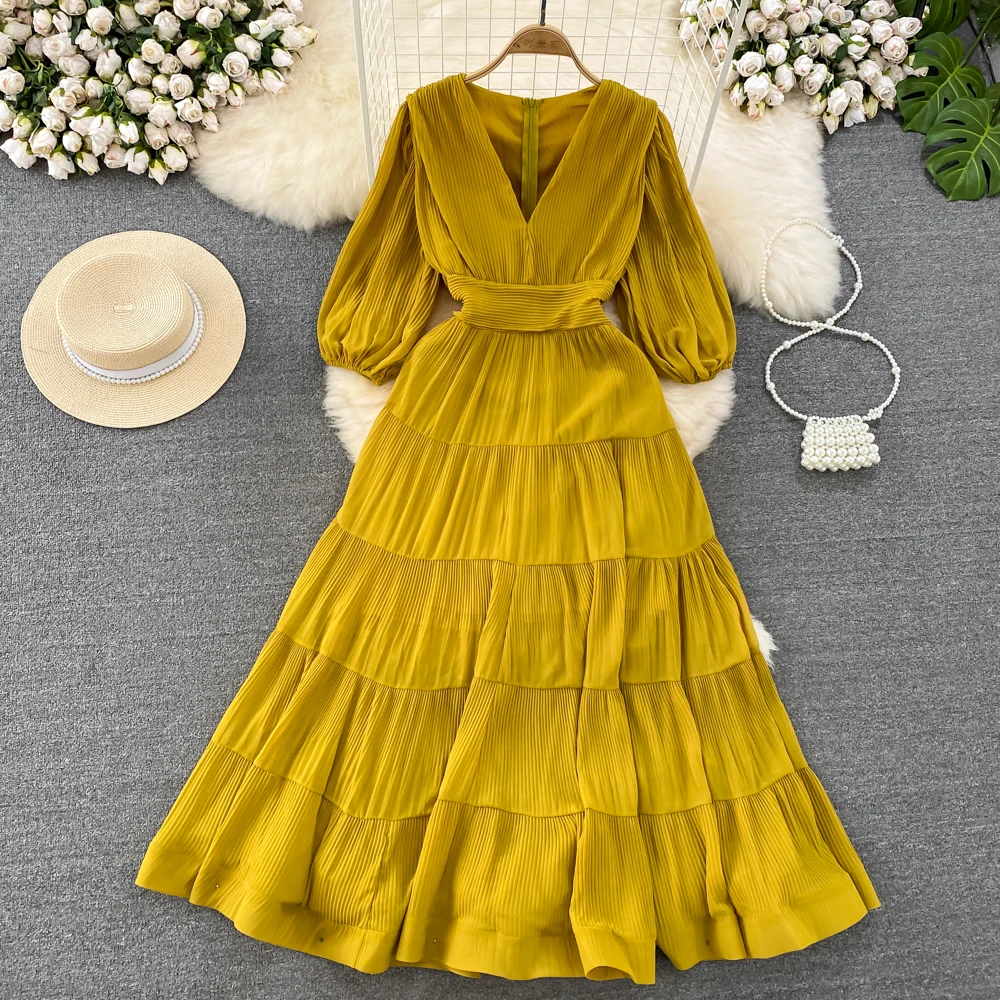 

Light Luxury Designer Bubble Short Sleeved V-neck Waistband A-line Chiffon Dress Elegant Large Swing Long Skirt