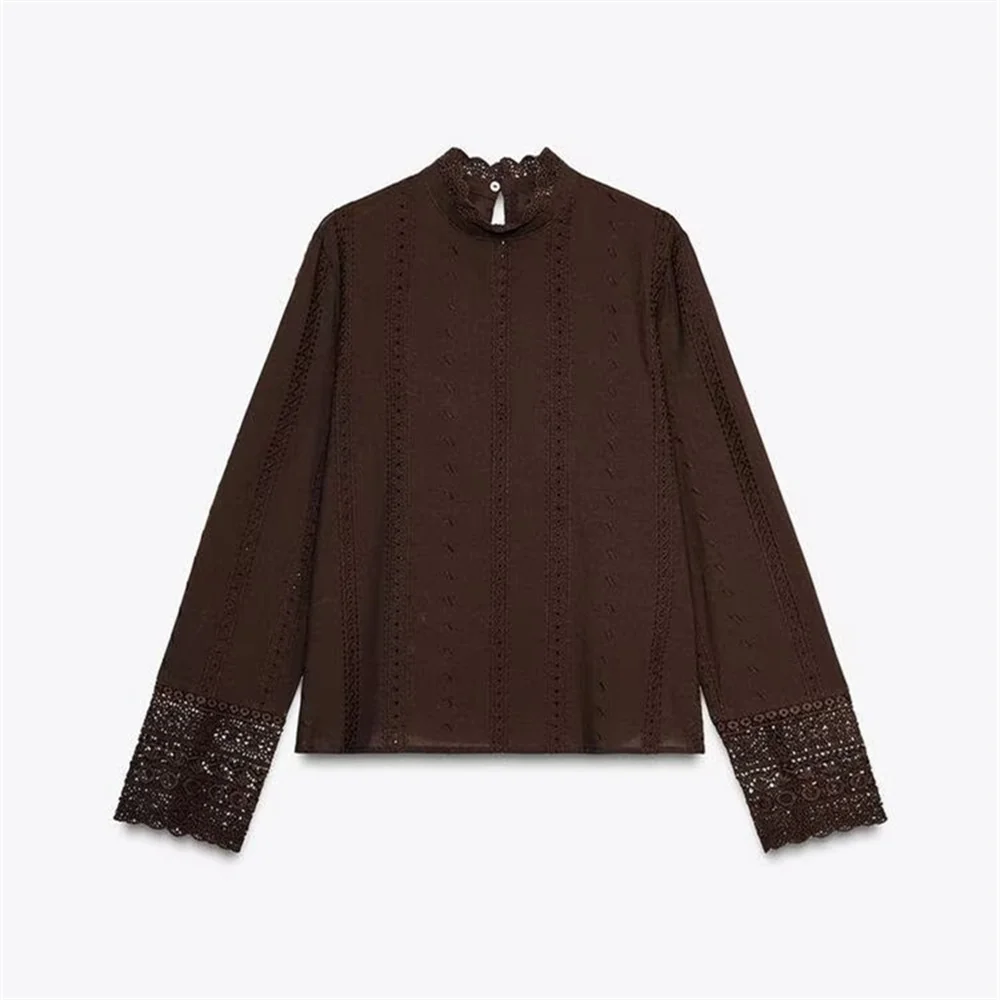 

UNIZERA women's casual simple hollow embroidery fashion stand up collar long sleeved temperament spring new shirt top