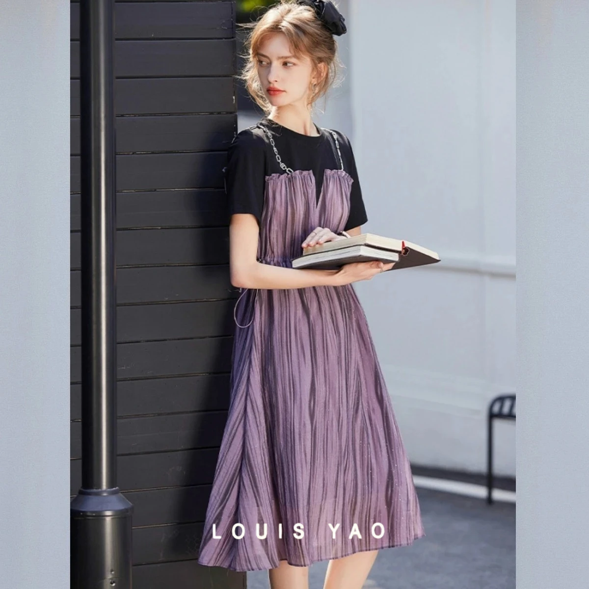 

LOUIS YAO Round Neck Beaded Chain Long Dresses 2025 Summer Color Collision Splicing False Two Pieces Women's Dress New