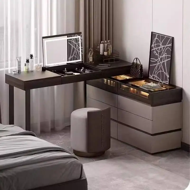Brown Hidden Makeup Vanity Desk Luxury Drawer Grey Mirror Makeup Vanity Desk Vintage Modern Kaptafel Furniture For Bedrooms