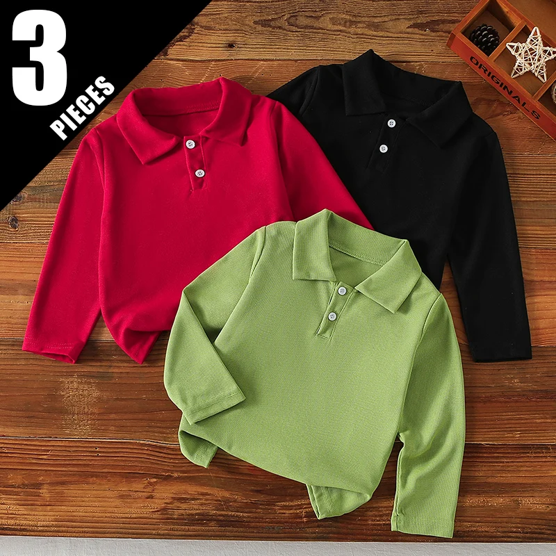 1/2/3 pezzi autunno e inverno per bambini tinta unita semplice polo a maniche lunghe ragazzi bello top ragazze dolce e carino risvolto T