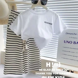 Le ragazze estive impostano i bambini moda abiti Casual bambini lettera t-shirt + pantaloni a righe 2 pezzi abiti bambino Trendds abbigliamento 2-8 anni