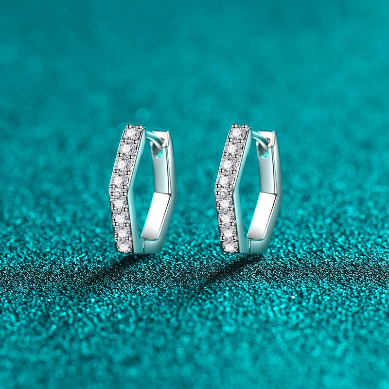 

0.4 ct D Color Moissanite S925 Silver Hoop Earring for Women Plated Pt950 Hexagon Single Row Ear Loops Gift Jewelry Wholesale